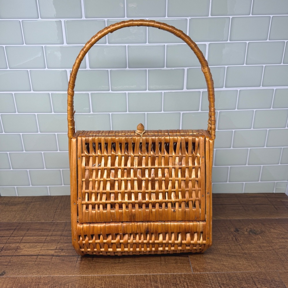 Vintage Woven Wicker and Wood Box Purse – Mid-Century Trapezoid Basket Handbag
